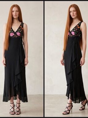 Vintage Dusk Y2K Black Floral-Embroidered V-Neck Ruffle Cascade Maxi Dress 6